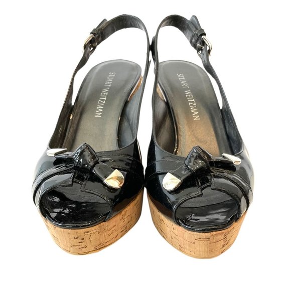 Stuart Weitzman Patent Leather Cork Wedge Bodajean Bow Slingback Heel Open Toe S - Picture 6 of 13